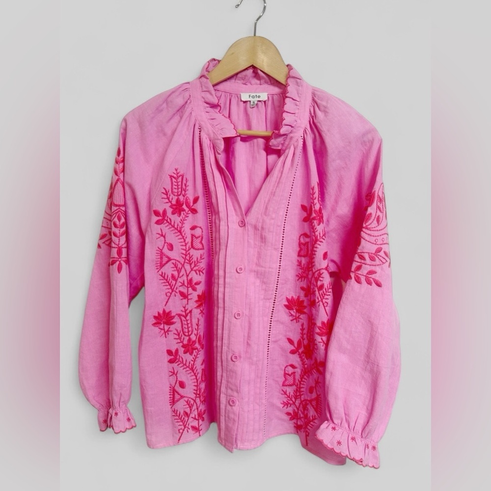 Fate All About You Hot Pink Linen Blend Embroidered Blouse Size Small - Picture 9 of 11